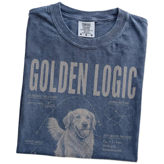 Folded Denim Golden Retriever Logic T-Shirt showing the graphic