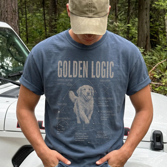 Man wearing a Denim Golden Retriever Logic T-Shirt
