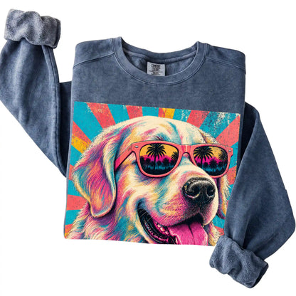 Folded Denim Comfort Colors sweatshirt with a Retro Golden Retriever Mama design
