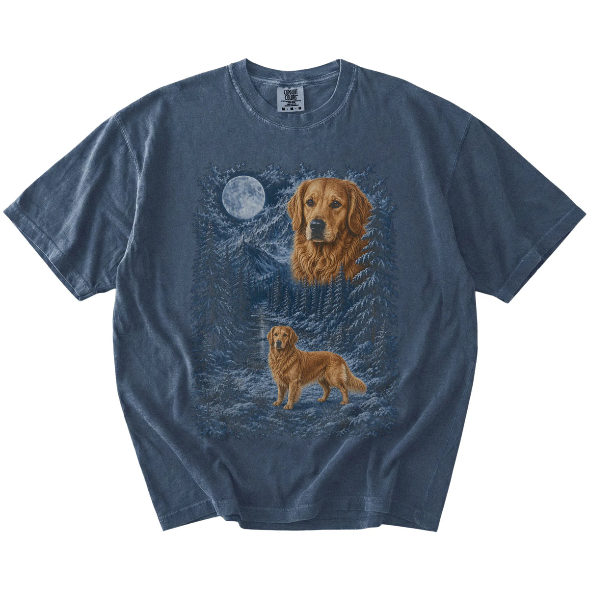 denim T-shirt with Golden Retriever Winter Moon artwork.