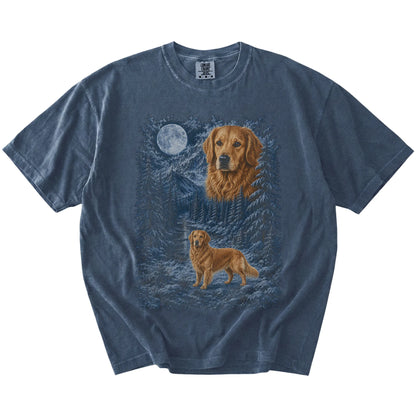 denim T-shirt with Golden Retriever Winter Moon artwork.