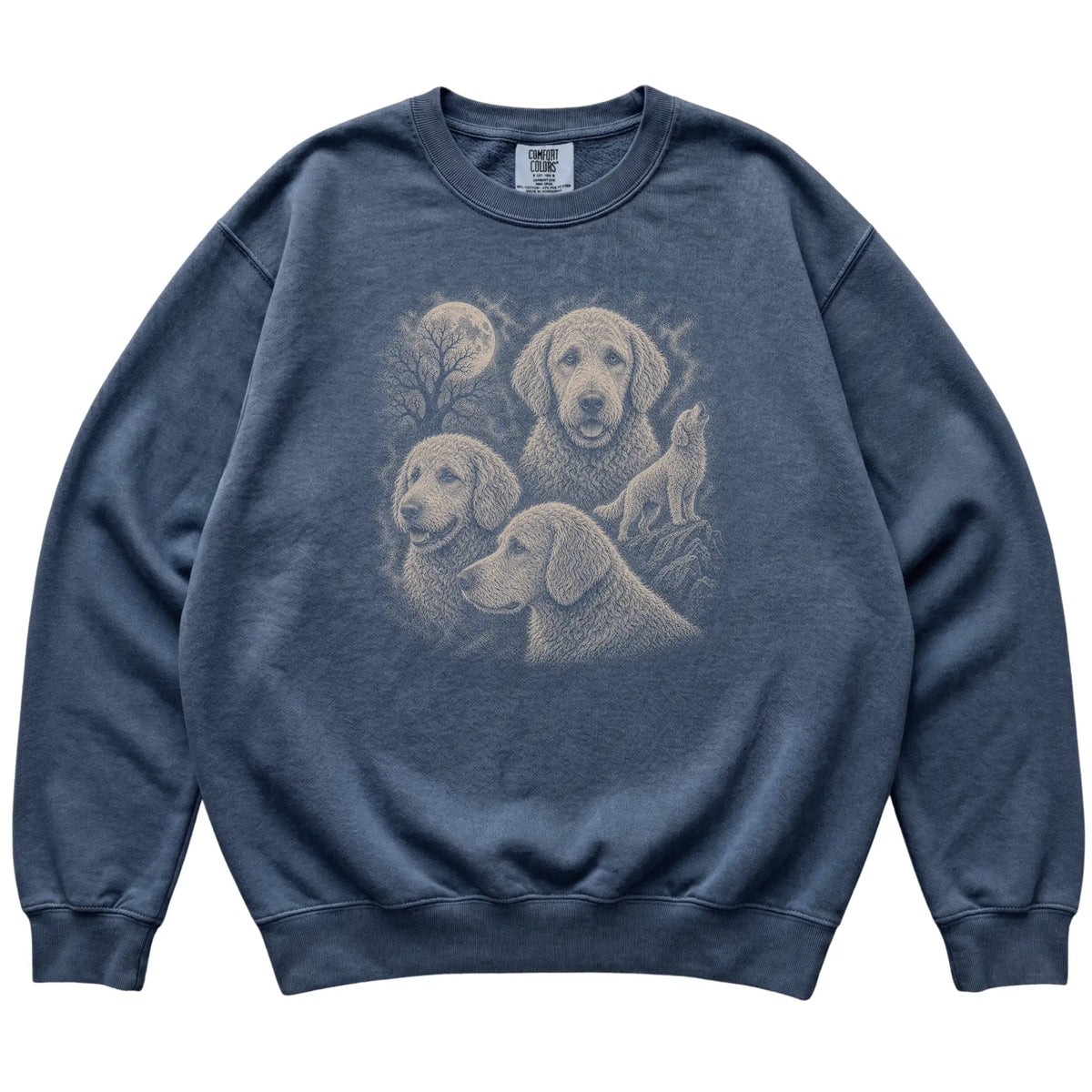 Goldendoodle 90s Moon Sweatshirt in Denim — flat lay