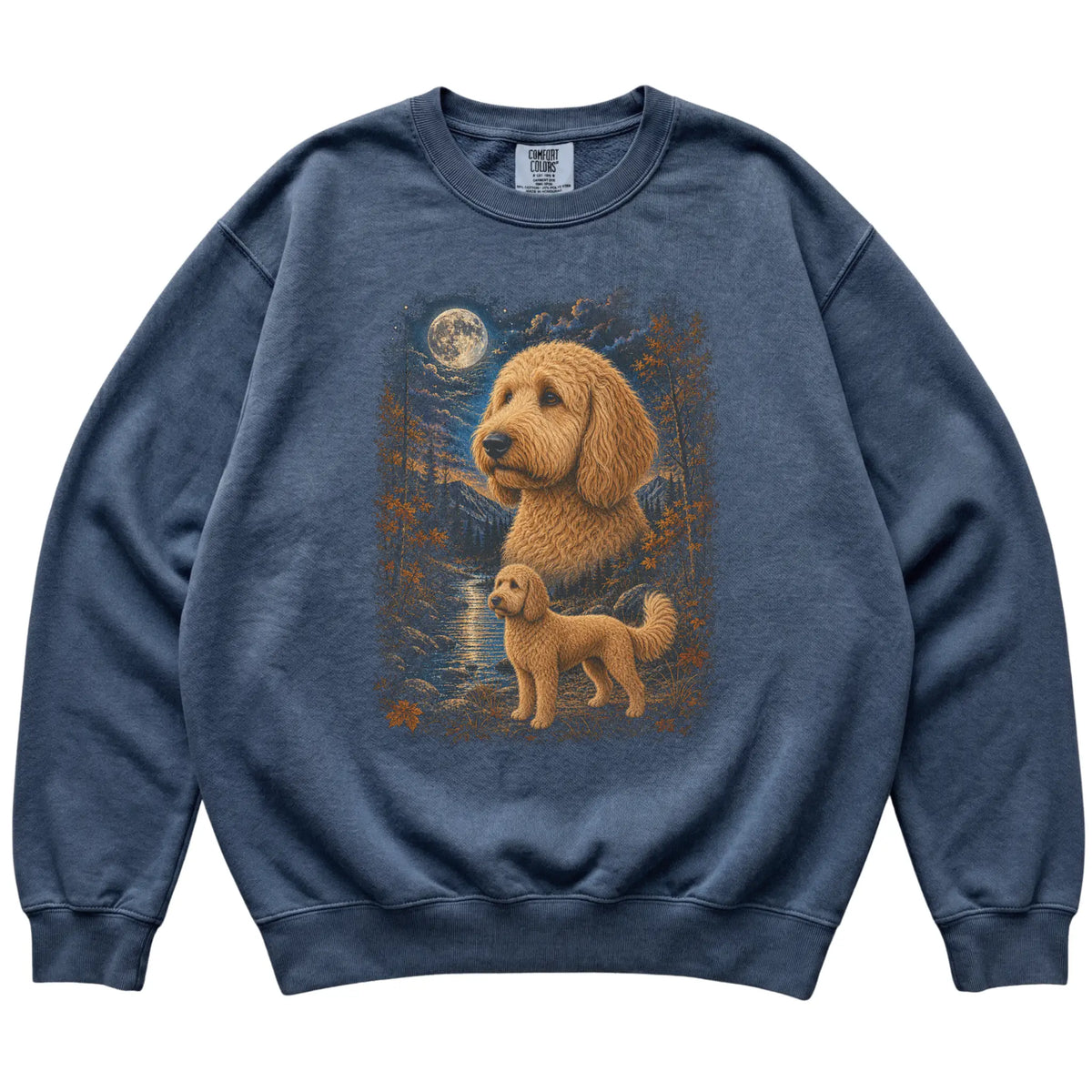 denim sweatshirt with Goldendoodle Autumn Moon artwork.