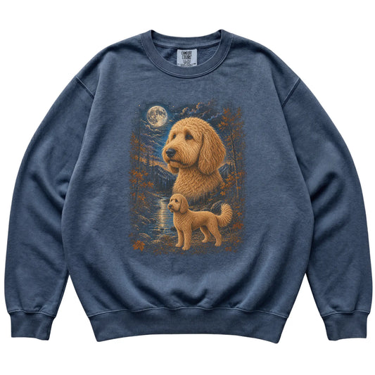 denim sweatshirt with Goldendoodle Autumn Moon artwork.