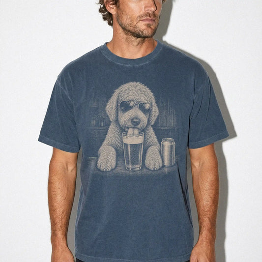 Model wearing a Denim Comfort Colors® t-shirt with Goldendoodle sneaking a drink from a pint