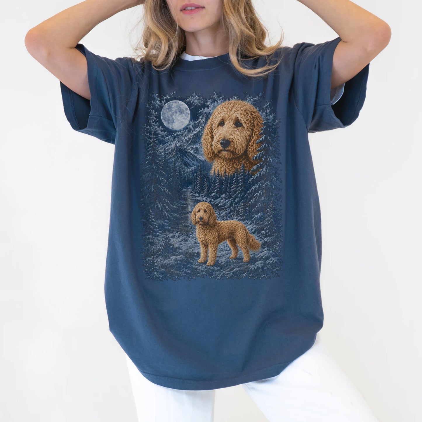 Person wearing a Denim Goldendoodle winter forest t-shirt