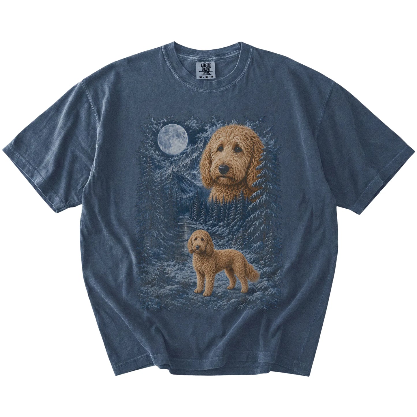 Goldendoodle in a snowy winter forest on a Denim t-shirt