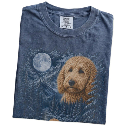 Folded Denim Goldendoodle winter forest t-shirt