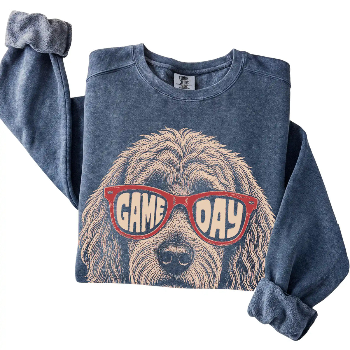 Denim Goldendoodle Game Day Sunglasses sweatshirt, folded