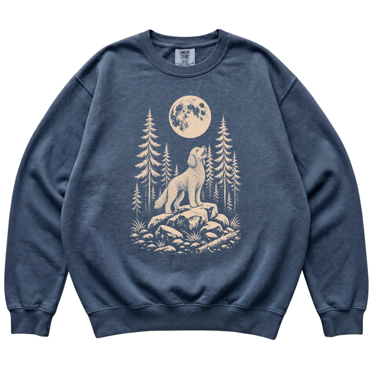 Close view of Goldendoodle Howling at the Moon artwork on Denim Comfort Colors sweatshirt