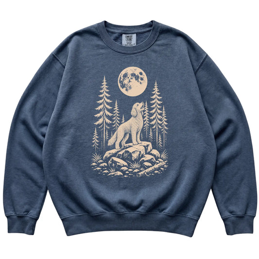 Close view of Goldendoodle Howling at the Moon artwork on Denim Comfort Colors sweatshirt