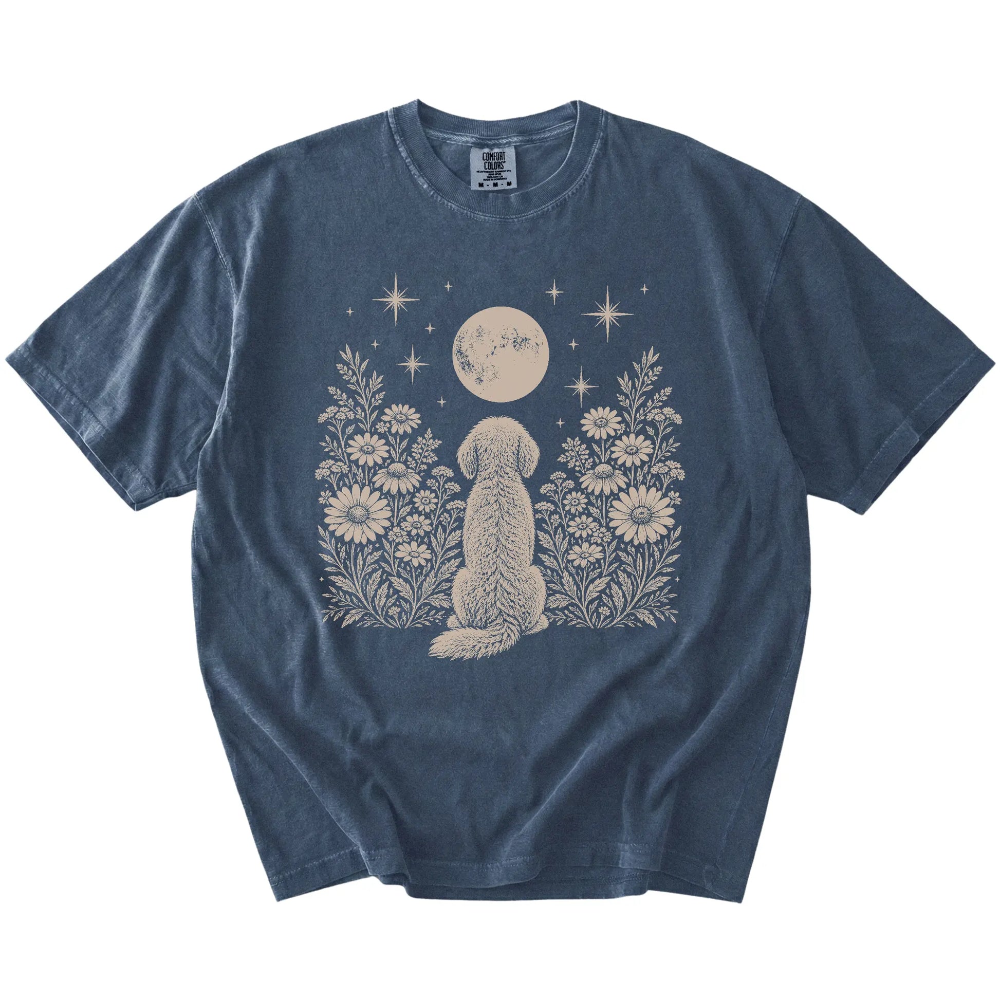 Goldendoodle beneath a wildflower moon on a Denim Comfort Colors® T-shirt