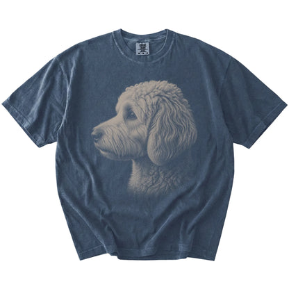 A detailed photographic portrait of a Goldendoodle on a Denim Comfort Colors® T-shirt
