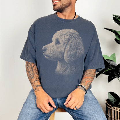 Model wearing a Denim Comfort Colors® T-shirt with a detailed photographic portrait of a Goldendoodle