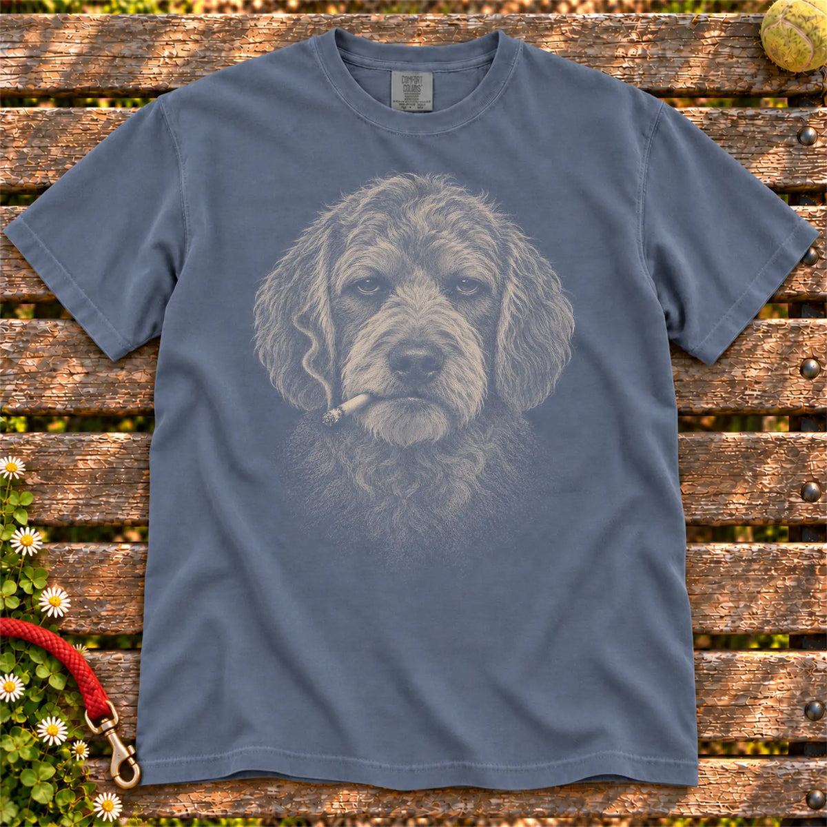 Goldendoodle smoking design on a Denim t-shirt