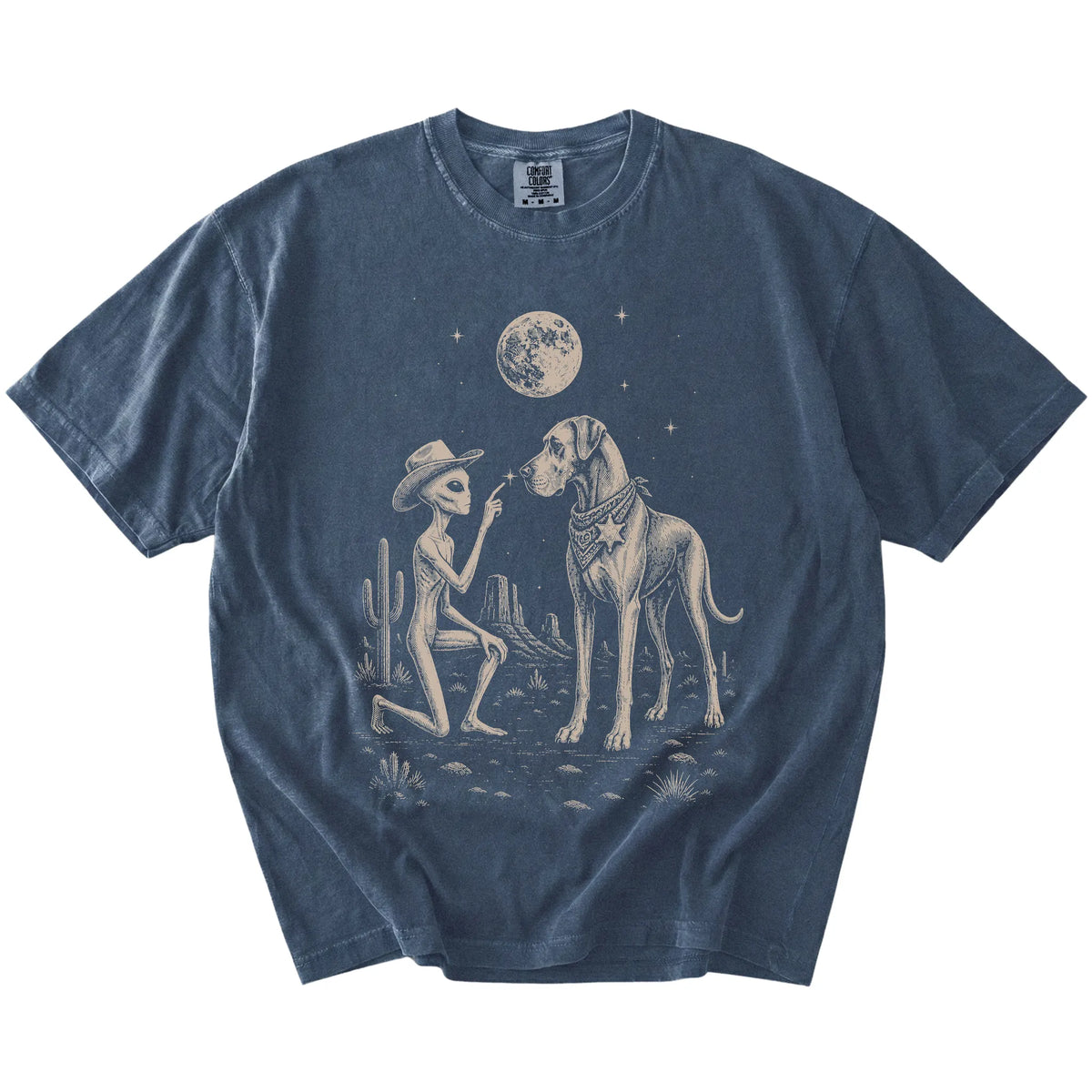 Cowboy alien fist-bumping a Great Dane beneath the moon on a Denim Comfort Colors® T-shirt
