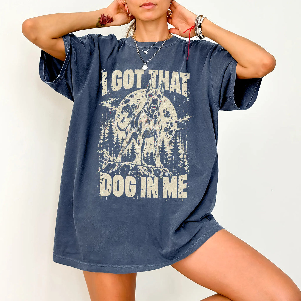 Denim Great Dane I Got That Dog in Me T-shirt, worn by a model