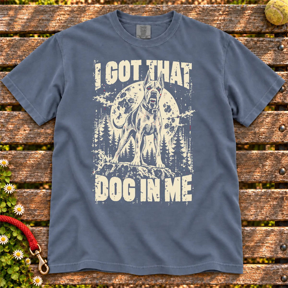 Denim Great Dane I Got That Dog in Me T-shirt, full garment view