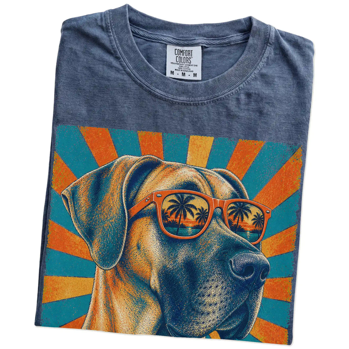 Retro Great Dane Dad design on a Denim Comfort Colors T-shirt folded detail