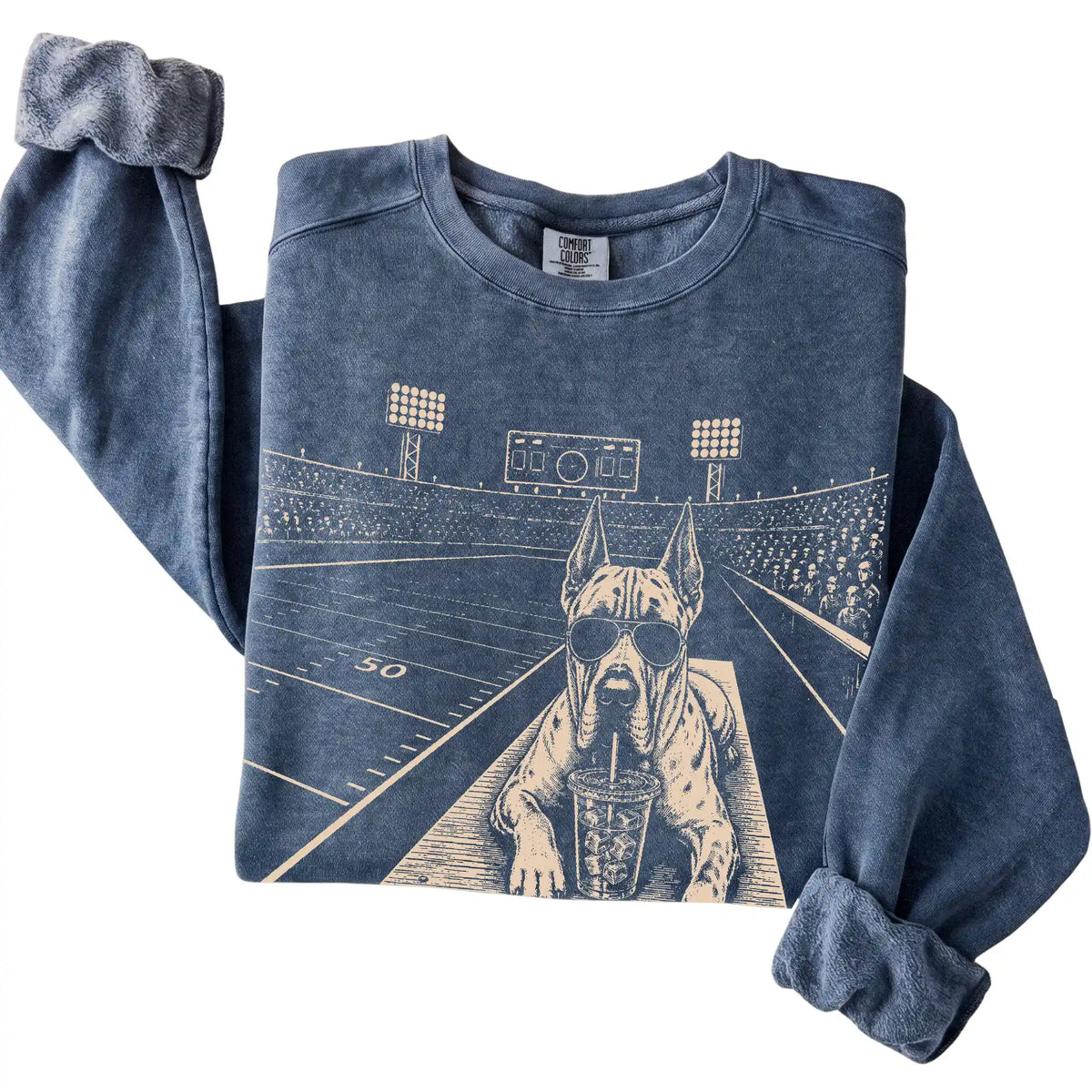 Denim Great Dane Football Tailgate sweatshirt, folded