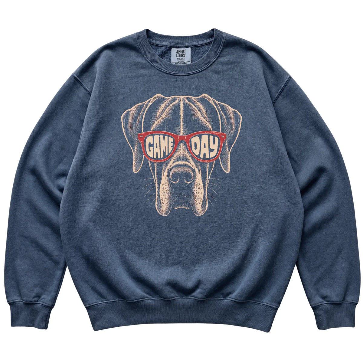 Denim Great Dane Game Day Sunglasses sweatshirt, laid flat