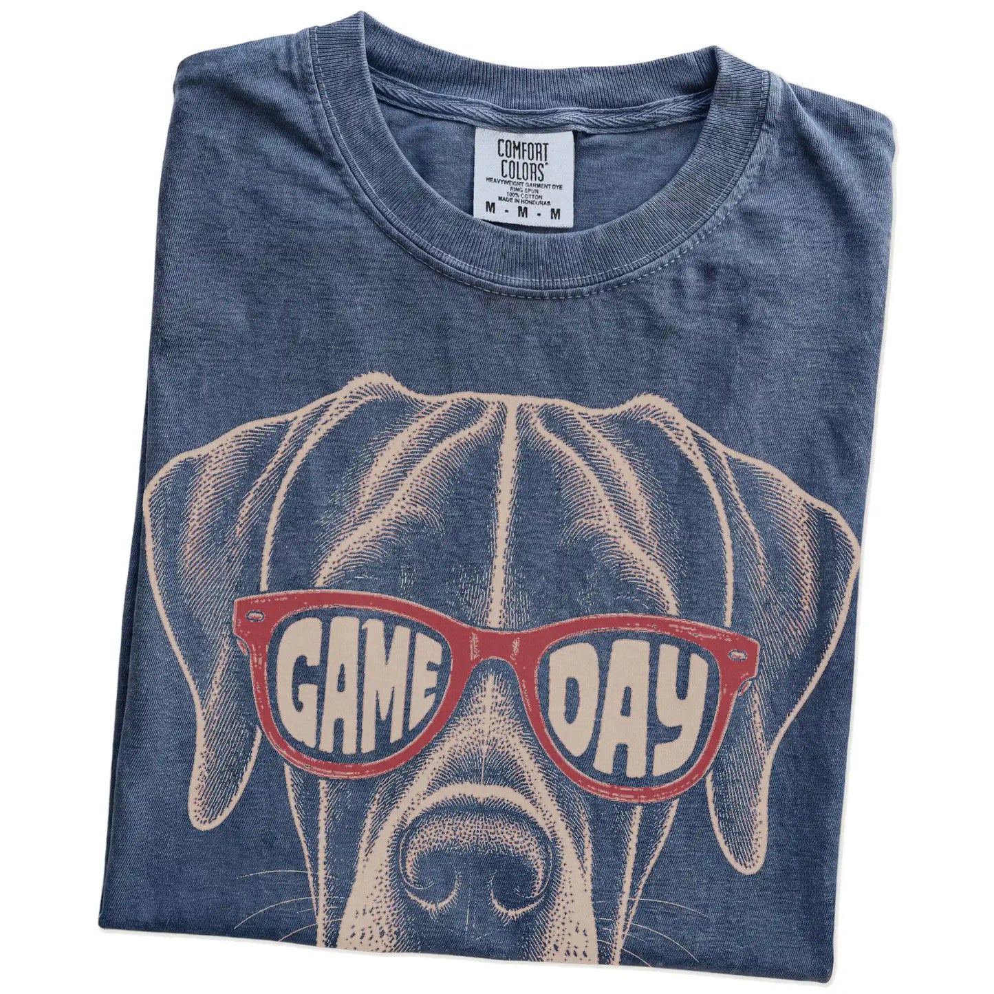 Folded Denim Comfort Colors® T-shirt showing great dane wearing red game day sunglasses