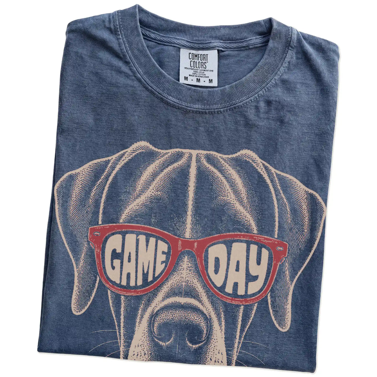 Folded Denim Comfort Colors® T-shirt showing great dane wearing red game day sunglasses