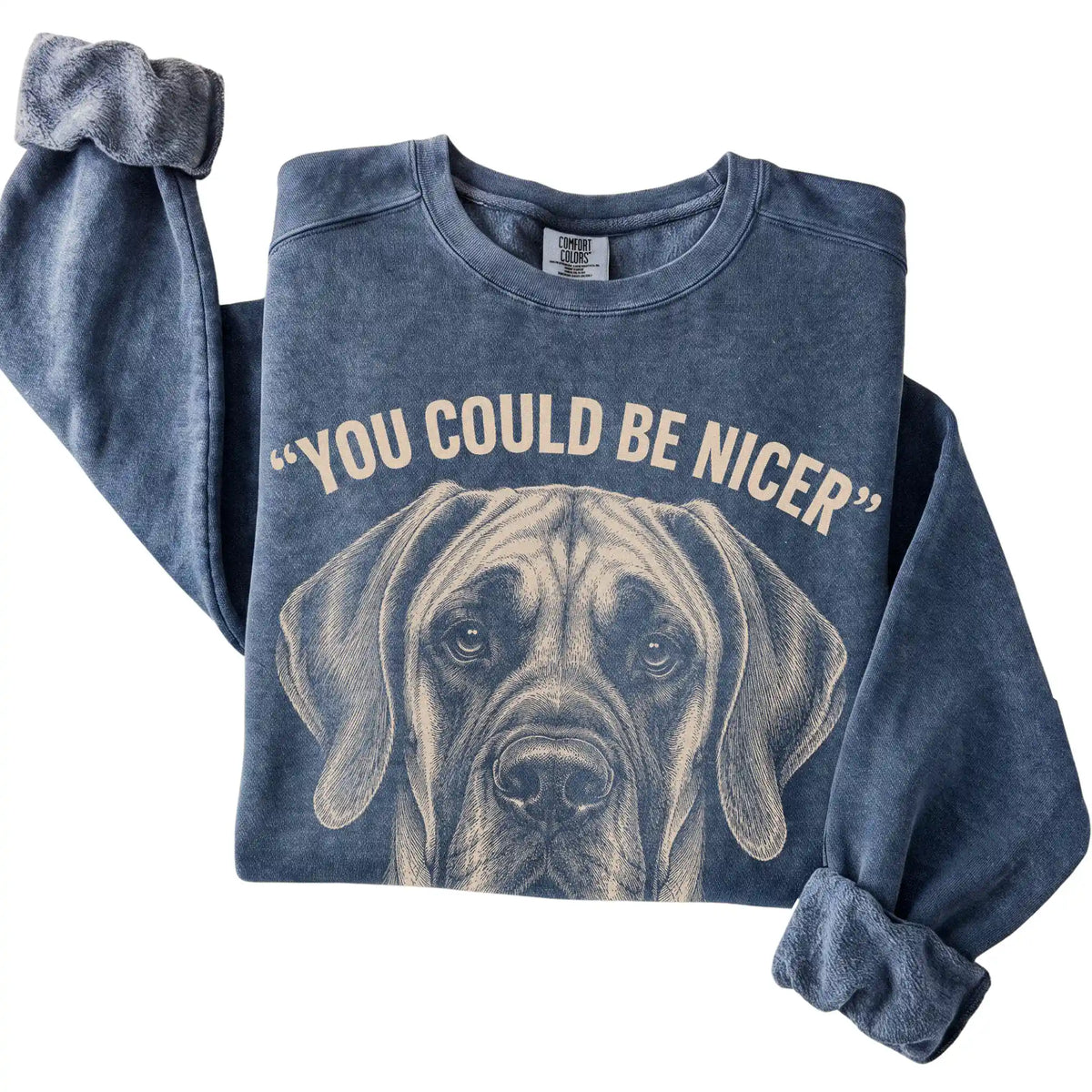 Close view of the Great Dane Guard Dog sweatshirt in Denim