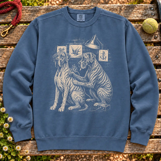Great Dane Tattoo on a Denim crewneck sweatshirt, shown flat