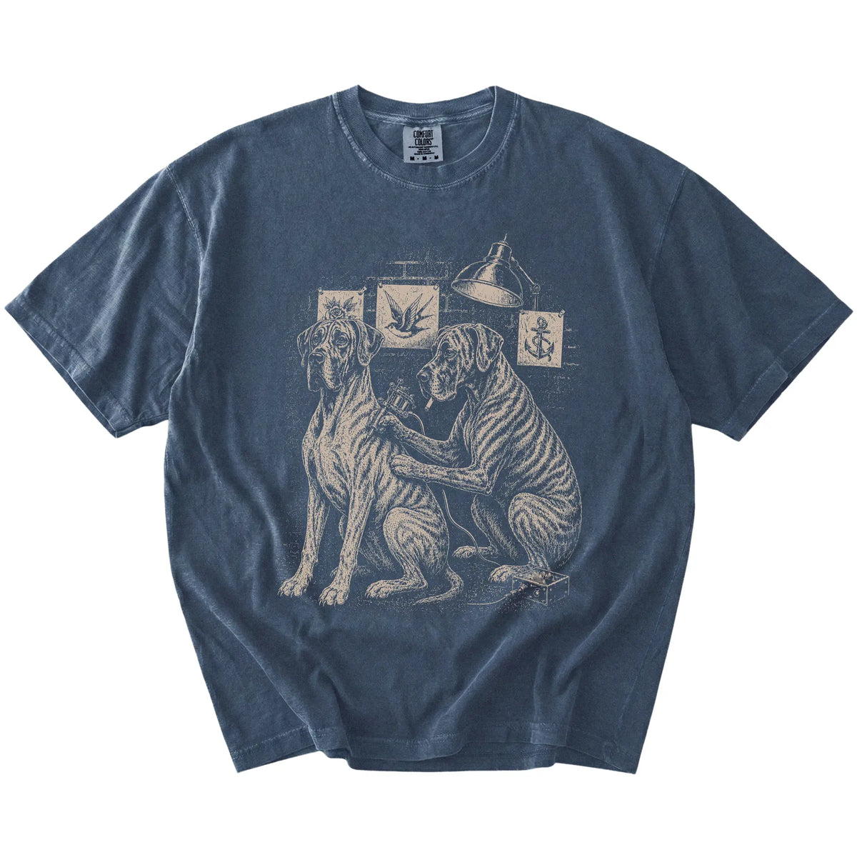 Denim Great Dane Tattoo t-shirt laid flat