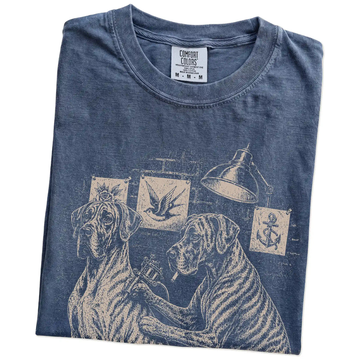 Folded Denim Great Dane Tattoo t-shirt showing the graphic