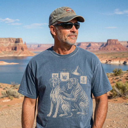 Person wearing a Denim Great Dane Tattoo t-shirt