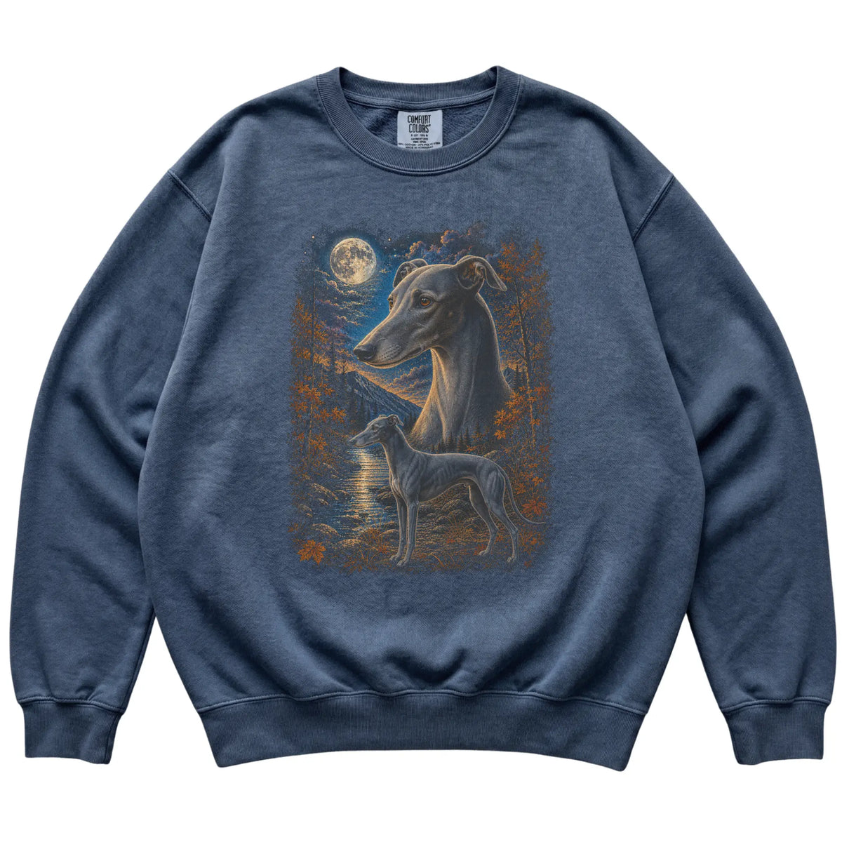 denim sweatshirt with Greyhound Autumn Moon artwork.