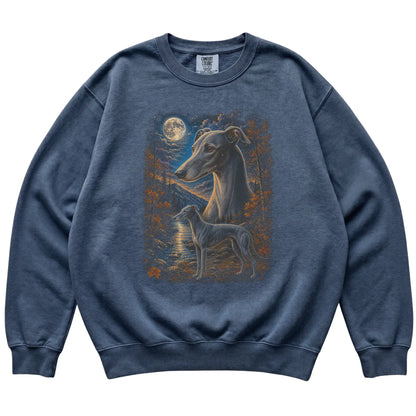 denim sweatshirt with Greyhound Autumn Moon artwork.