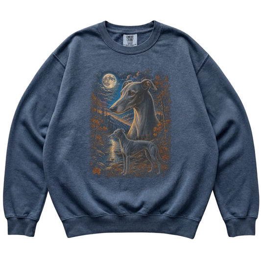 denim sweatshirt with Greyhound Autumn Moon artwork.