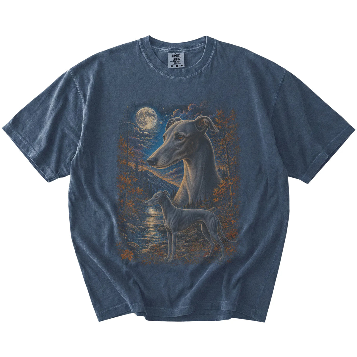 denim T-shirt with Greyhound Autumn Moon artwork.