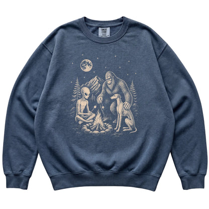Denim Greyhound Camping with Bigfoot and Alien shirt laid flat