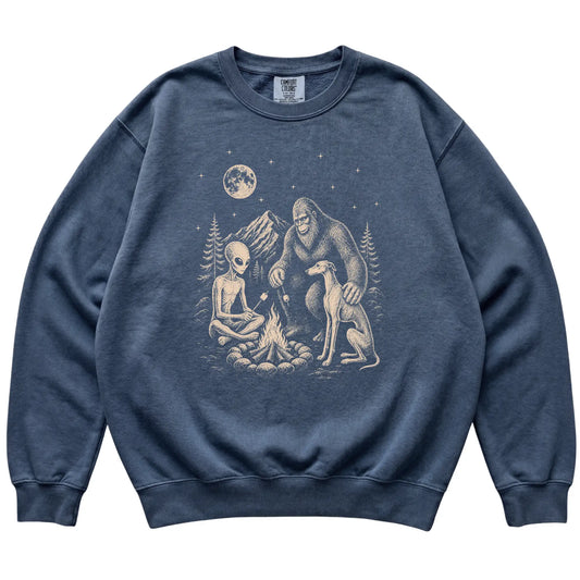 Denim Greyhound Camping with Bigfoot and Alien shirt laid flat