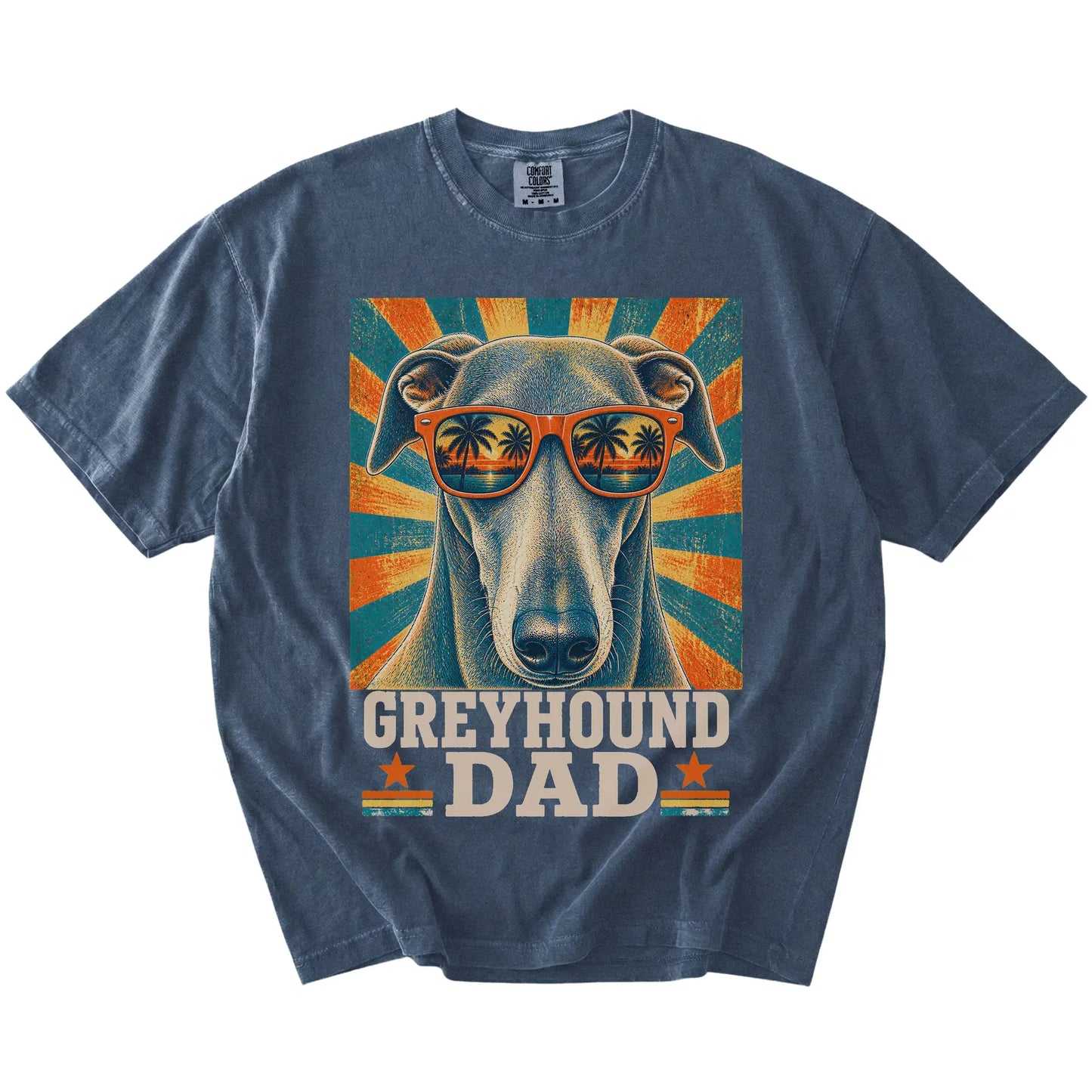 Retro Greyhound Dad design on a Denim Comfort Colors T-shirt