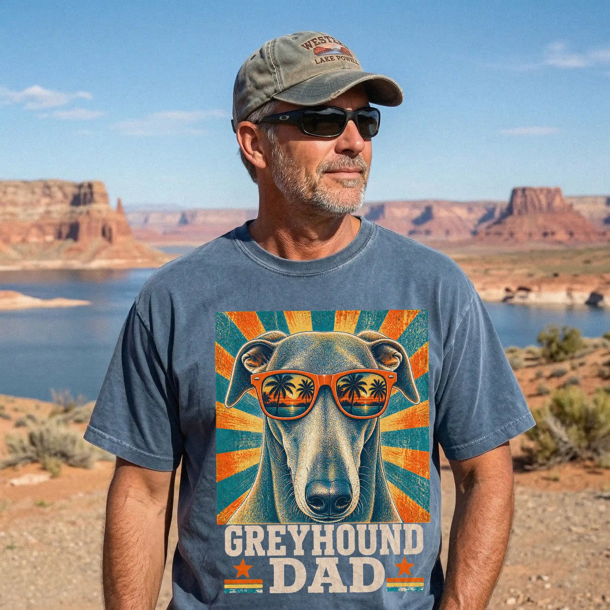 Retro Greyhound Dad design on a Denim Comfort Colors T-shirt worn by a model