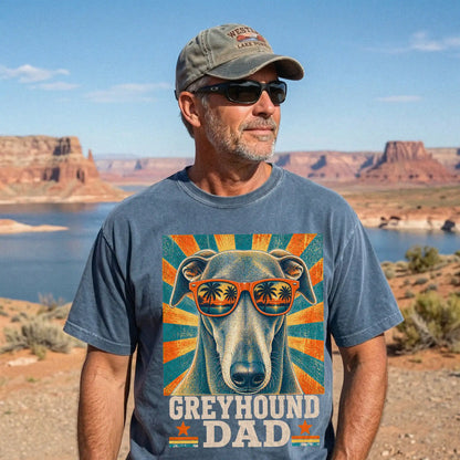 Retro Greyhound Dad design on a Denim Comfort Colors T-shirt worn by a model