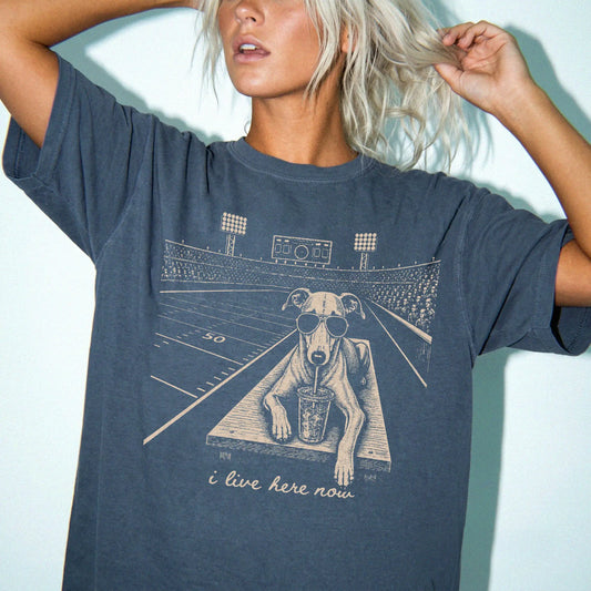 Model wearing a Denim Comfort Colors® T-shirt featuring Greyhound ready for football and tailgate season