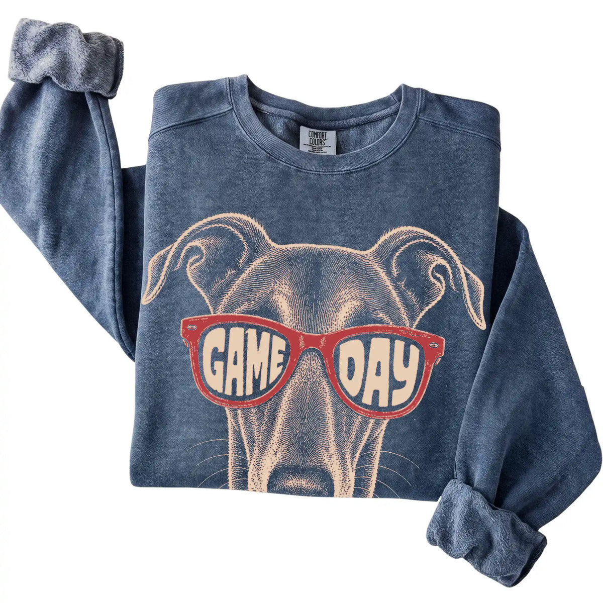 Denim Greyhound Game Day Sunglasses sweatshirt, folded