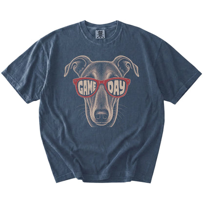 Greyhound wearing red Game Day sunglasses on a Denim Comfort Colors® T-shirt