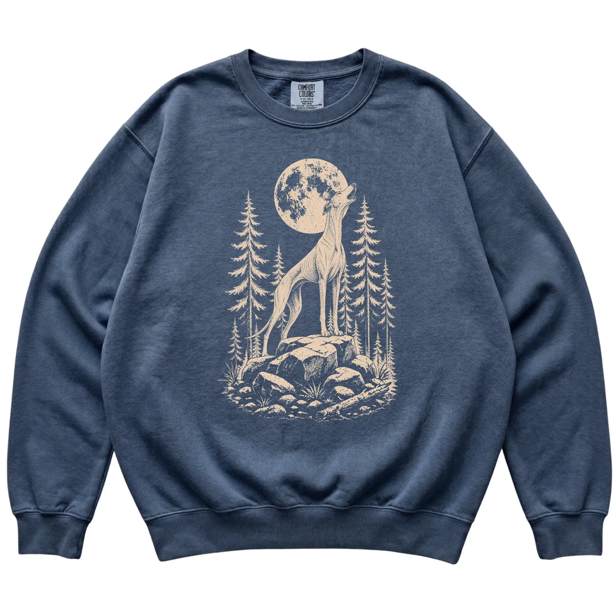 Close view of Greyhound Howling at the Moon artwork on Denim Comfort Colors sweatshirt