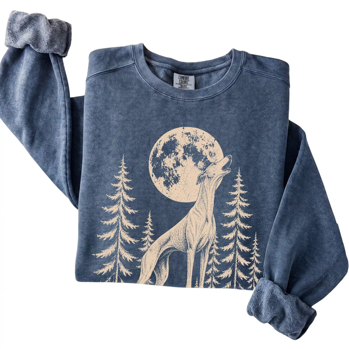 Greyhound Howling at the Moon Comfort Colors sweatshirt in Denim