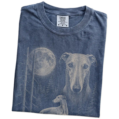 Folded Denim Greyhound Moonlit Forest T-Shirt showing the graphic