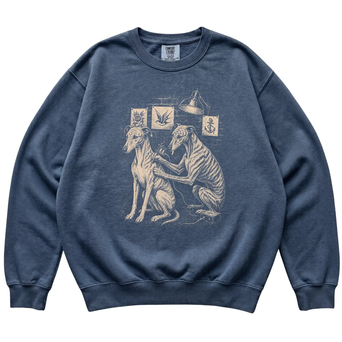 Denim Greyhound Dog Tattoo Artist shirt laid flat