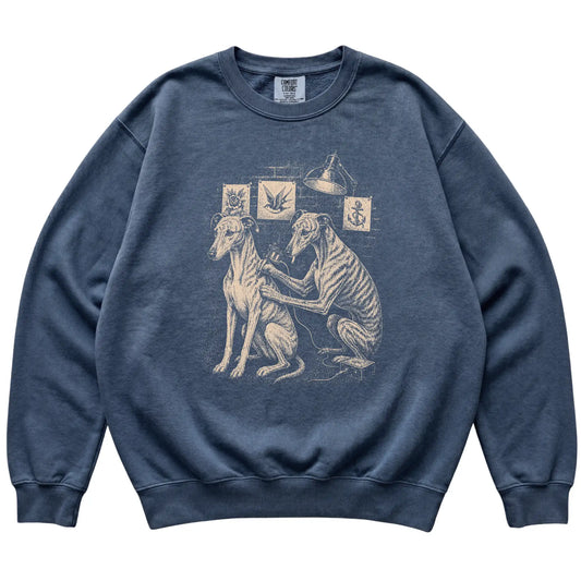 Denim Greyhound Dog Tattoo Artist shirt laid flat
