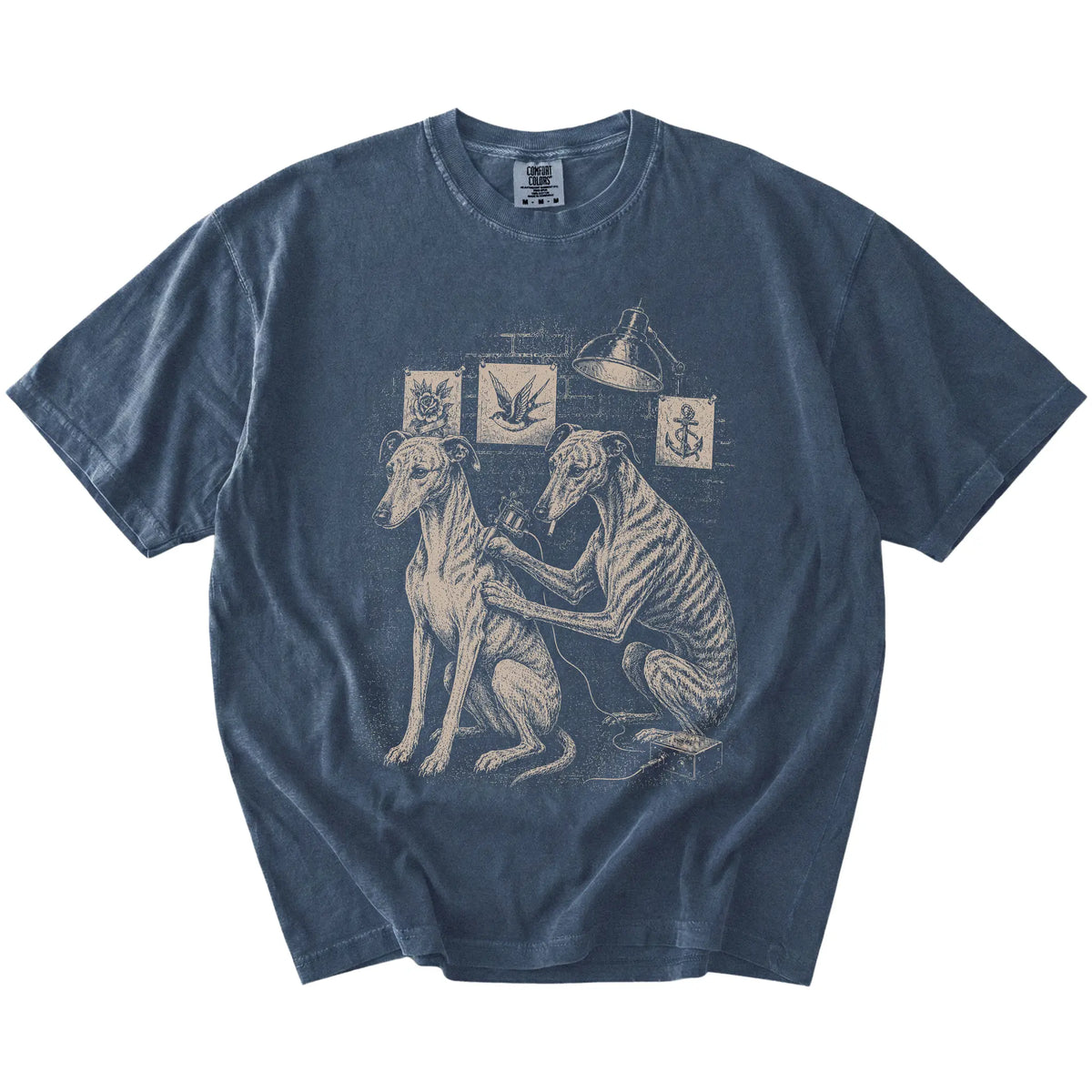 Denim Greyhound Tattoo t-shirt laid flat
